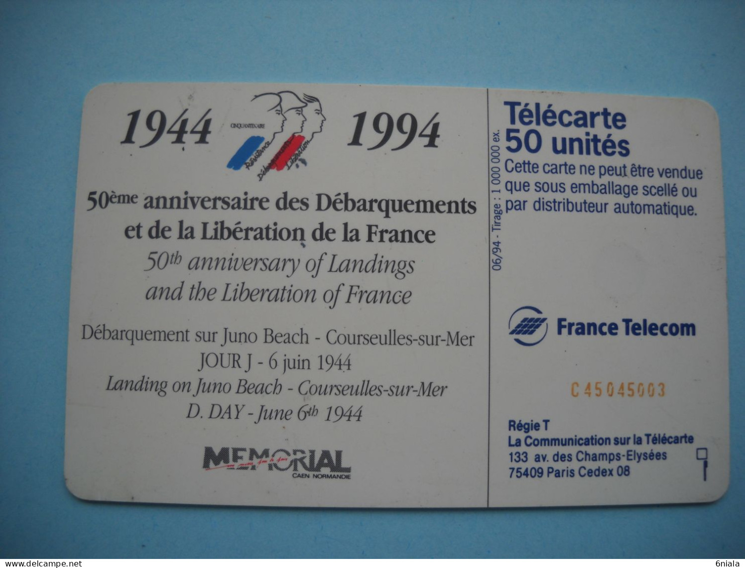 7681 Télécarte Collection  1944 1994 50e Anniversaire Des Débarquements Carte Téléphone  ( 2 Scans )  Carte Téléphonique - 1994