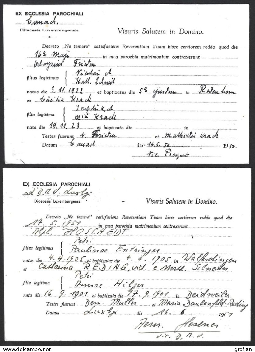 2 Cartes Bureaux Paroissiaux (Pfarrämter) Canach + Luxembourg, 1950 + 1951 - Privées