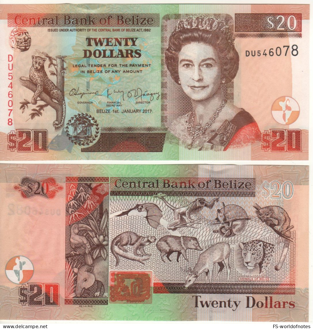 BELIZE  20 Dollars  P69f (dated 1st January 2017 Queen Elizabeth -  Vaious ANimals At Back)  UNC - Belize