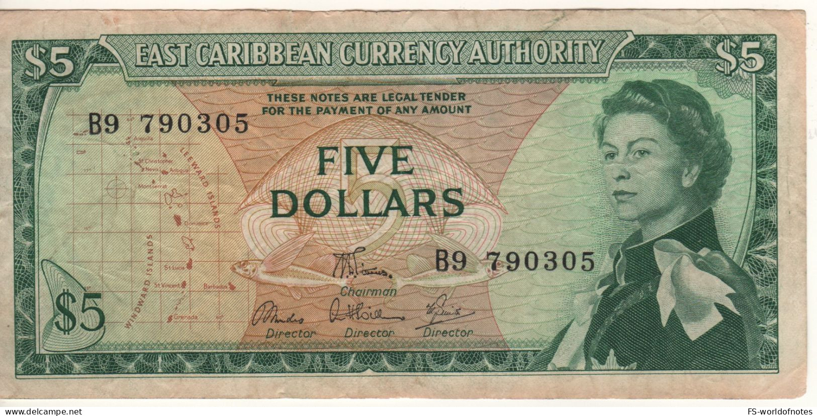 EAST CARIBBEAN  $ 5   P14e   ( ND - 1965 )    Elizabeth II  + Coastal Scene At Back - Caraïbes Orientales