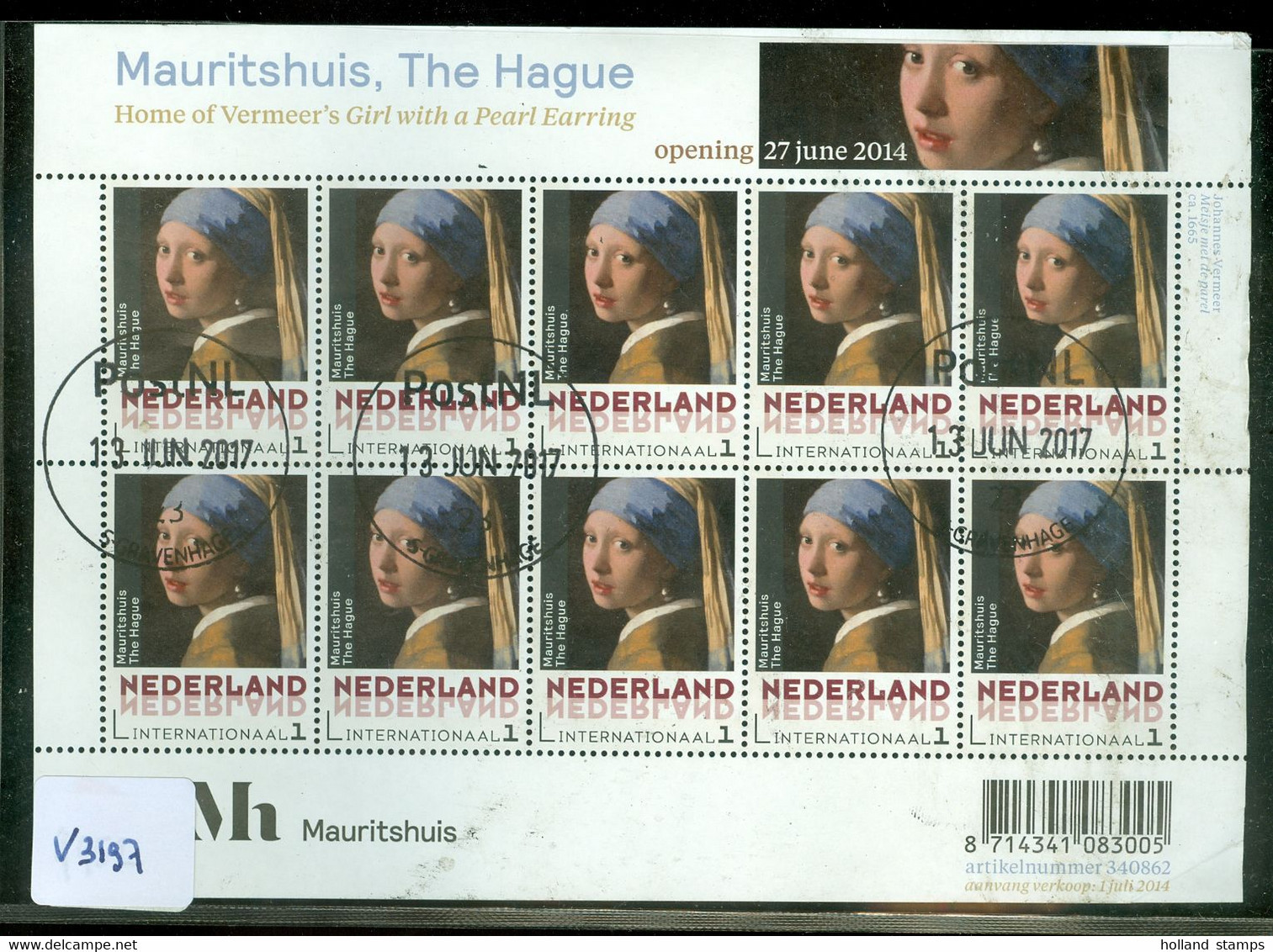 NEDERLAND *  NVPH V3197 * MAURITSHUIS * VERMEER * BLOK * NETHERLANDS * POSTFRIS GESTEMPELD * CAT.W. EURO 32,00 - Usados