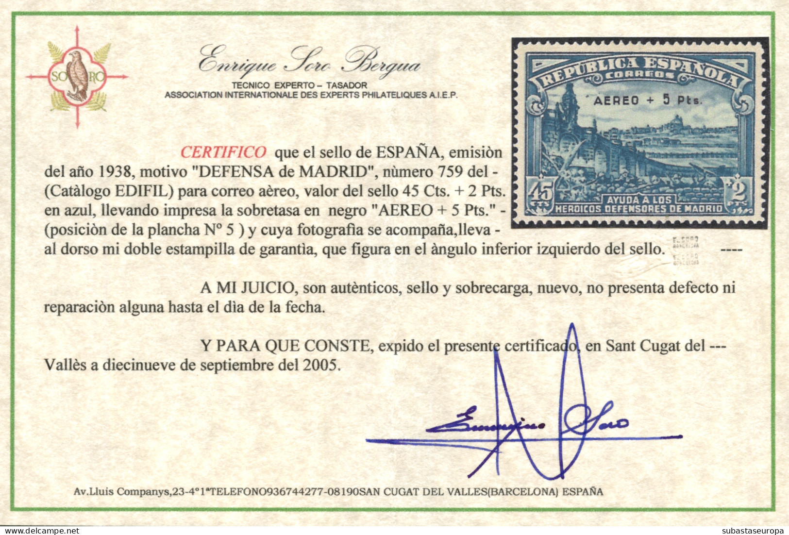 * 759. Defensa De Madrid Aéreo. Certificado SORO. Muy Bonito. Cat. 300 €. - Unused Stamps