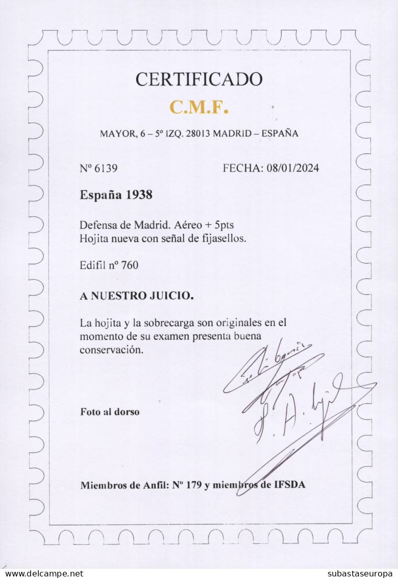 * 760. H.B. Defensa De Madrid. Certificado CMF(2024). Cat. 4000 €. - Unused Stamps