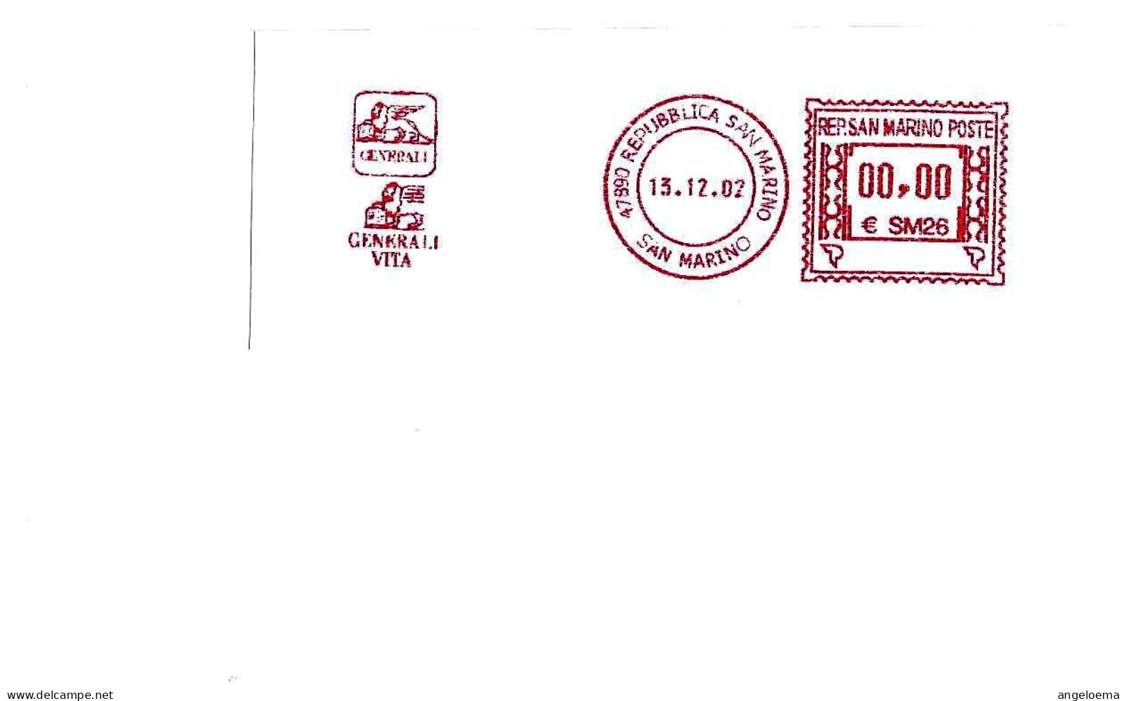 SAN MARINO - 2002 GENERALI Assicurazioni (leone S. Marco) - Ema Affranc.rossa Red Meter Su Busta Non Viaggiata - 1917 - Covers & Documents
