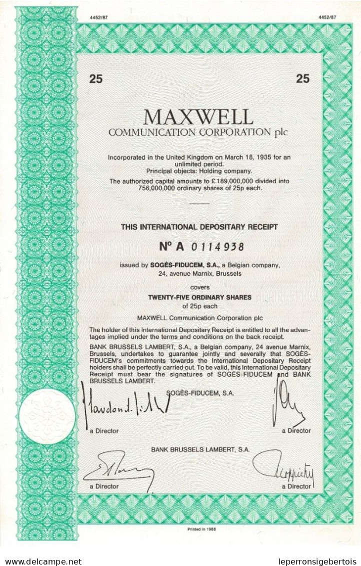 - Titre De 1988 - Maxwell Communication Corporation Plc - - Petróleo