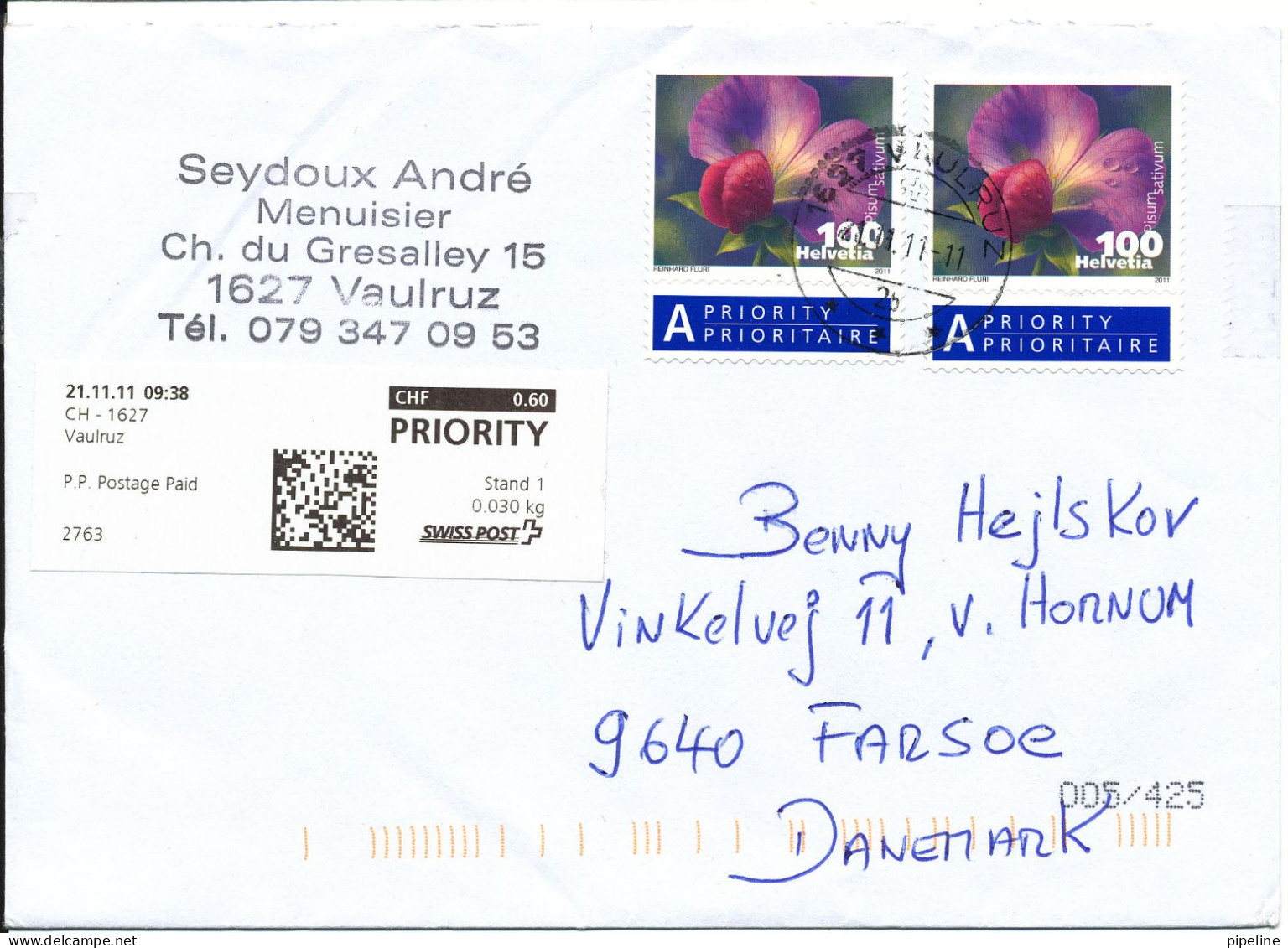 Switzerland Cover Sent To Denmark Vaulruz 21-11-2011 With FLOWERS On The Stamps - Covers & Documents