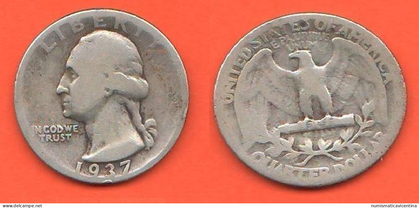 America Quarter 1937 USA Quarto Di Dollaro America Washington XXX  Silver Coin - 1932-1998: Washington