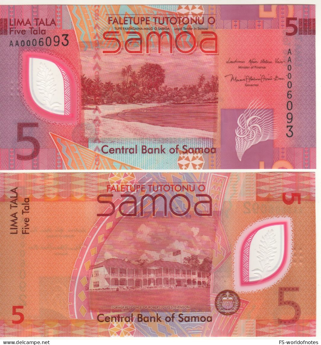 SAMOA  New 5 Tala  PW47  (2023   POLIMER )    " Beach At Front +  Homes  At Back"   UNC - Samoa