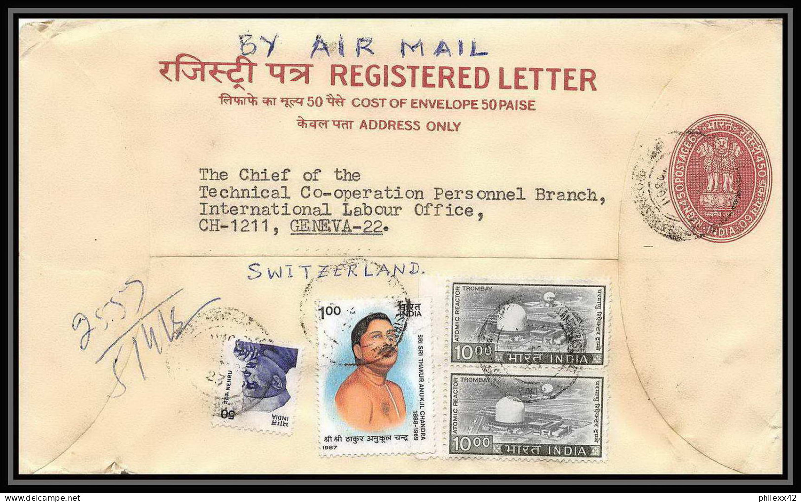 1889/ Inde (India) Entier Stationery Enveloppe (cover) Registered Letter 1987 Suisse (Swiss)  - Briefe