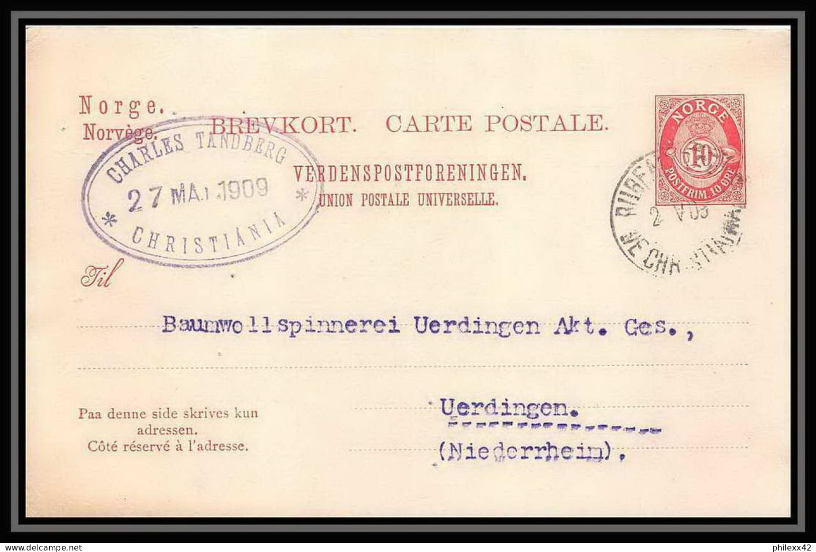 2760/ Norvège (Norway) Entier Stationery Carte Postale (postcard) N°52 Pour Uerdingen 1909 - Interi Postali