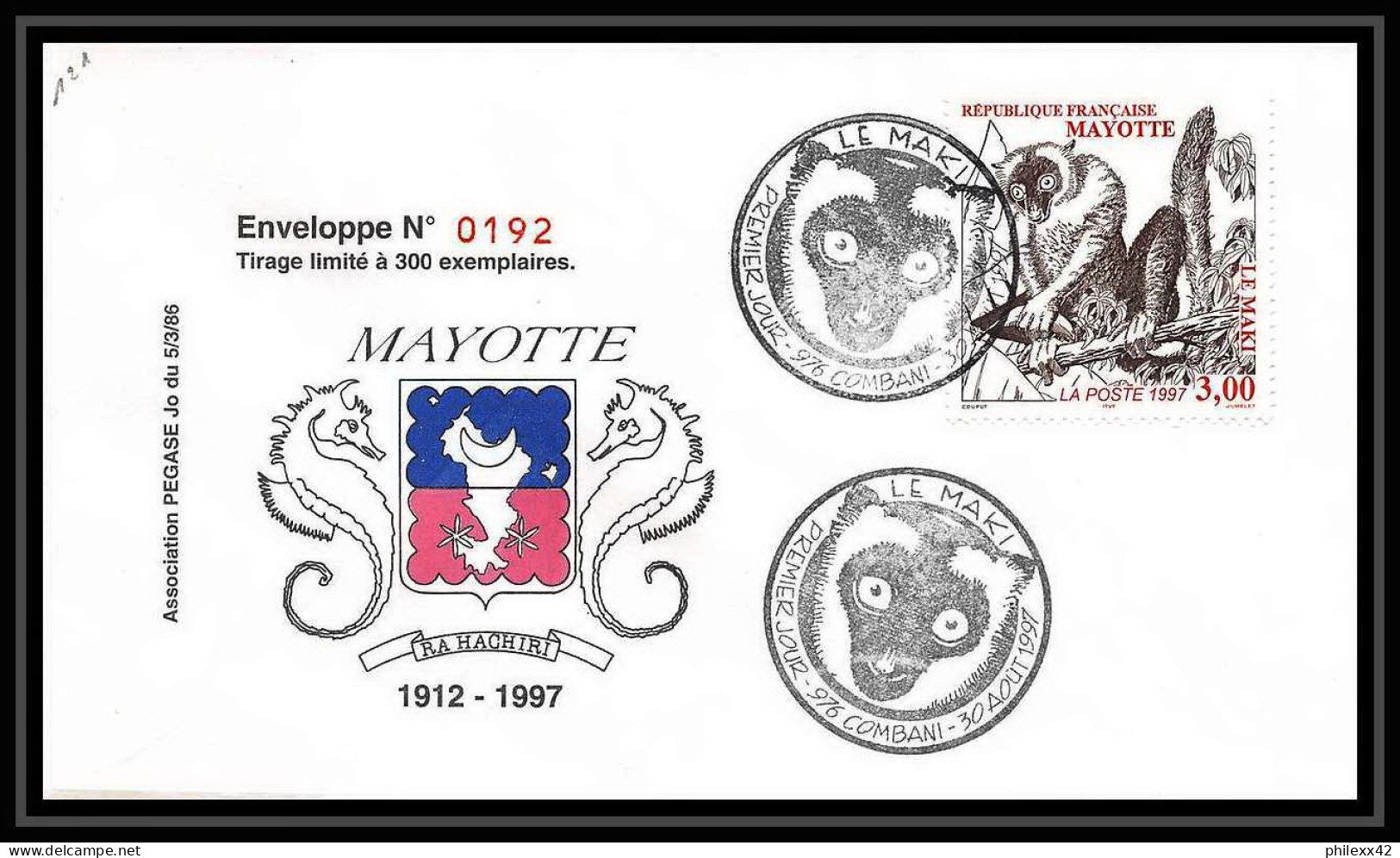 5203/ Pegase Tirage Numerote 192/300 Y&t 46 Maki Mayotte 1997 Fdc Premier Jour Lettre Cover - Brieven En Documenten