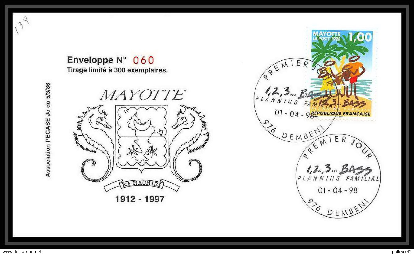 5209/ Pegase Tirage Numerote 60/300 Y&t 54 Planning Familial Mayotte 1998 Fdc Premier Jour Lettre Cover - Lettres & Documents