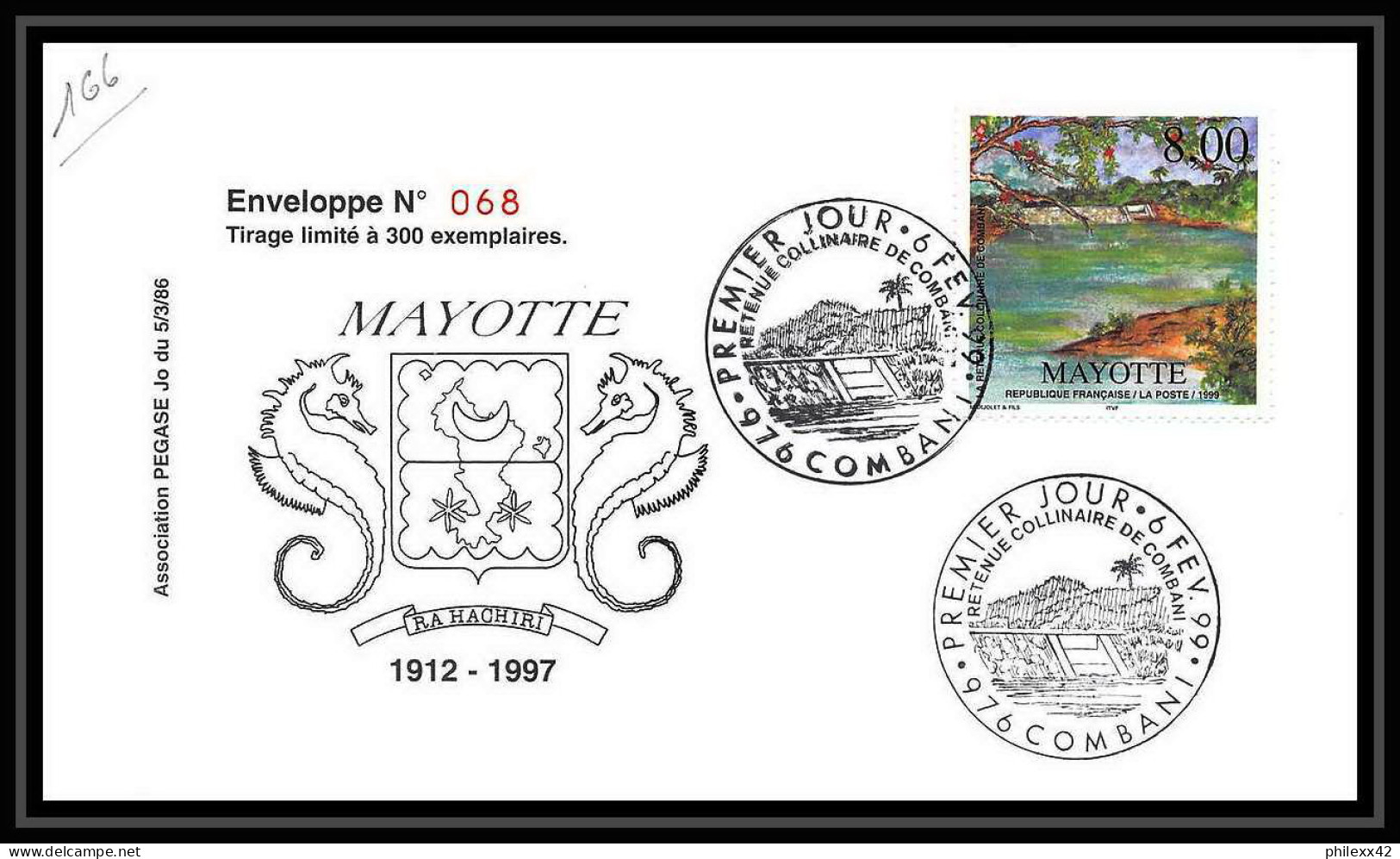 5228/ pegase tirage numerote 56/300 y&t 70 combani mayotte 1999 fdc premier jour lettre cover