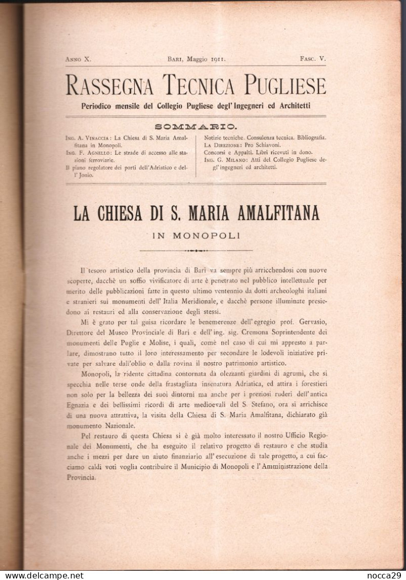 RIVISTA DEL 1911 - RASSEGNA TECNICA PUGLIESE - CHIESA DI S.MARIA AMALFITANA IN  MONOPOLI - BARI (STAMP328) - Wissenschaften