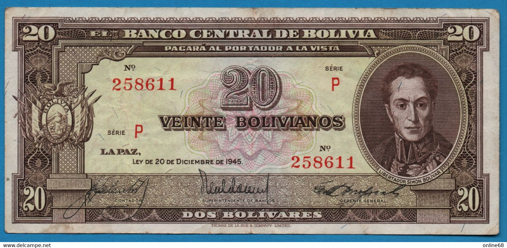 BOLIVIA 20 Bolivianos  L. 20.12.1945  # P 258611  P# 140   Simón Bolívar - Bolivie