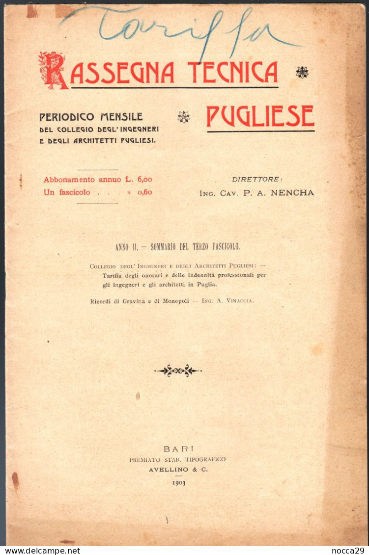 RIVISTA DEL 1903 - RASSEGNA TECNICA PUGLIESE - PORTALE DEL MONASTERO DI S.STEFANO IN MONOPOLI - BARI (STAMP329) - Textos Científicos