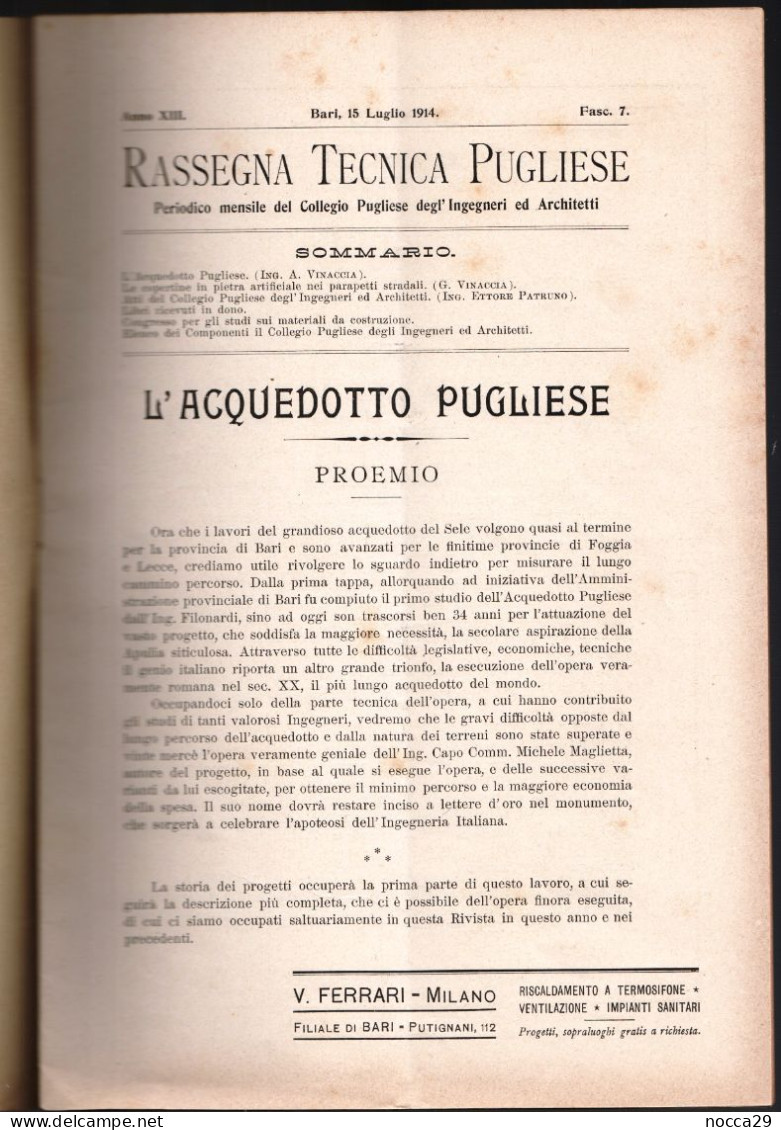 RIVISTA 1914 RASSEGNA TECNICA PUGLIESE - ACQUEDOTTO PUGLIESE PUBBL. OFFICINE DI SAVIGLIANO - ELENCO INGEGNERI (STAMP331) - Textes Scientifiques