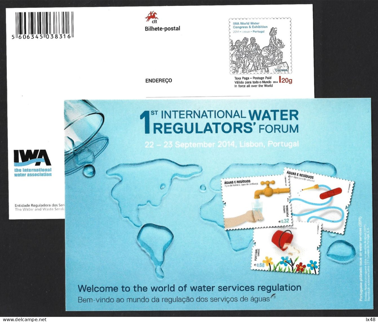 Water. Drink. Water Saving. Full Postcard Of 1st International Water Regulatory Forum 2014, Lisbon. Iwa. Water. Drankje. - Autres & Non Classés