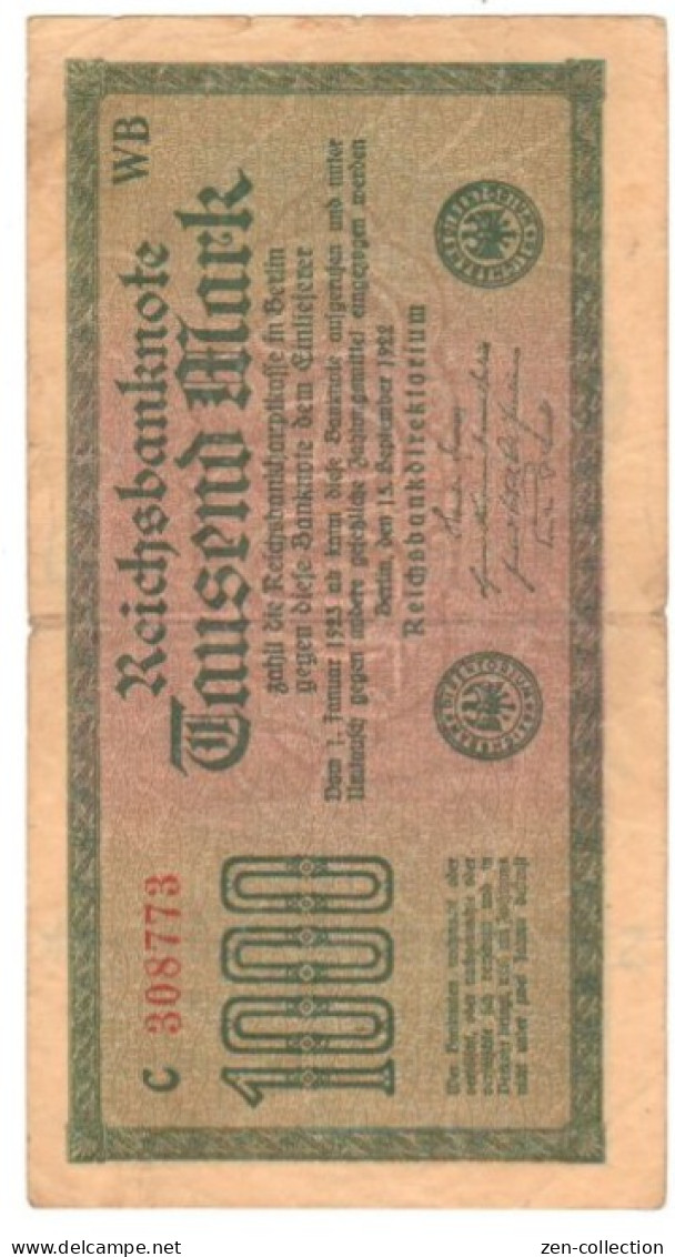 WW2 Germany Nazi Propaganda FORGERY Overprint On Genuine 1000 Mark 1923 Banknote VF- (tears) - Other & Unclassified