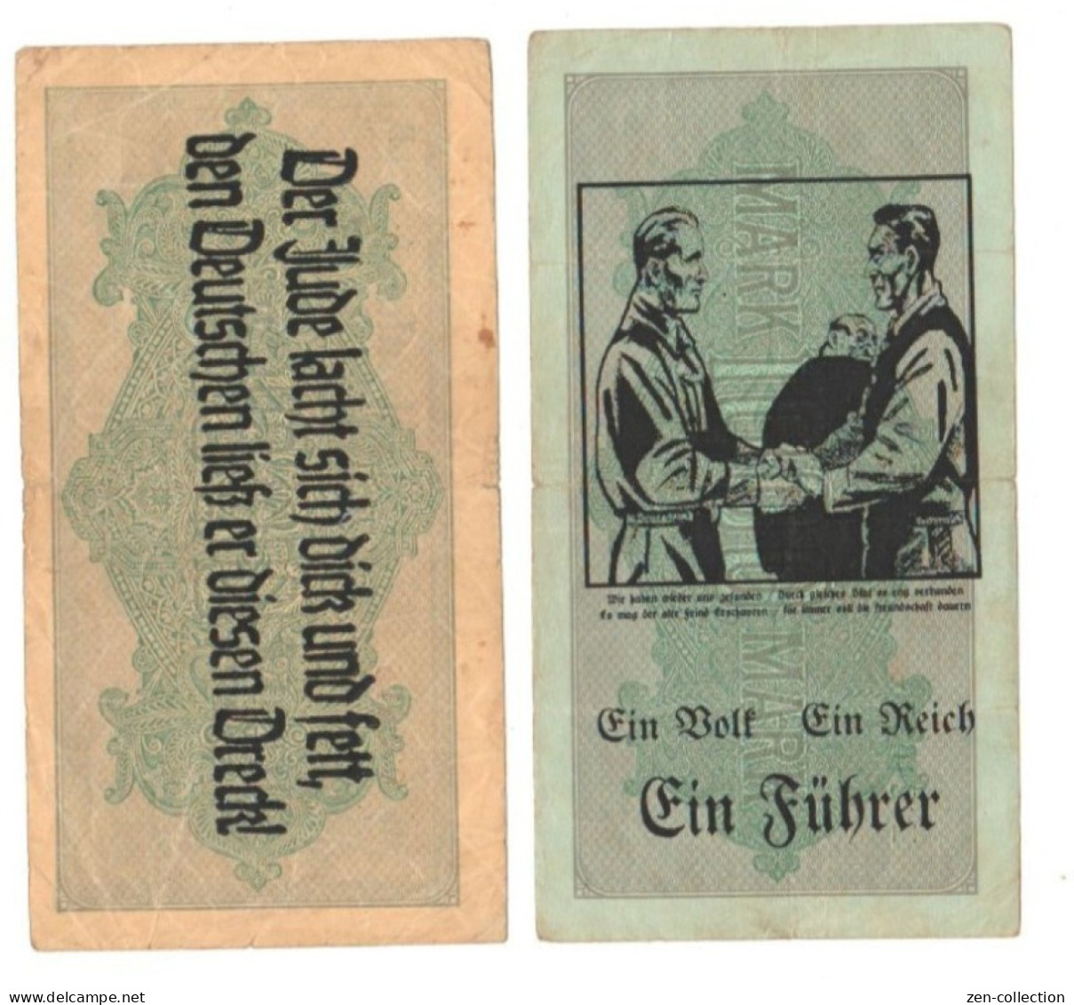 Two WW2 Germany Nazi Propaganda FORGERY Overprint On Genuine 1000 Mark 1923 Banknote VF- (tears) - Sonstige & Ohne Zuordnung