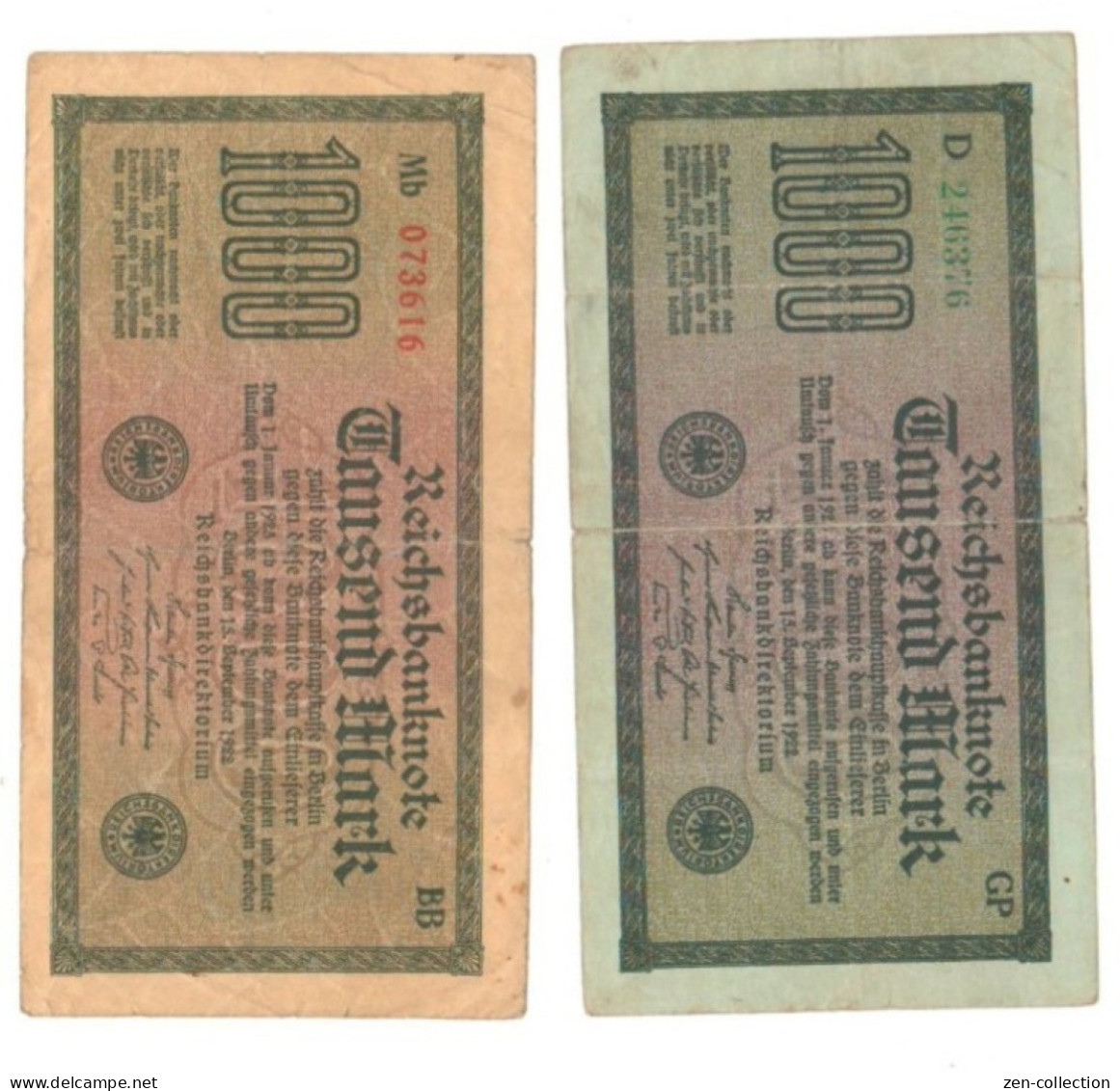 Two WW2 Germany Nazi Propaganda FORGERY Overprint On Genuine 1000 Mark 1923 Banknote VF- (tears) - Autres & Non Classés