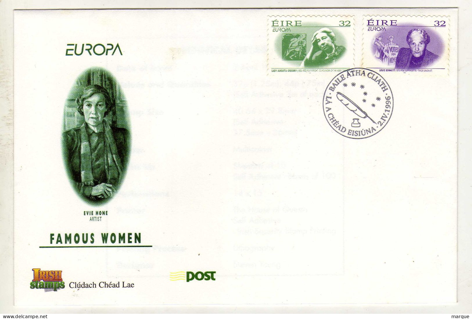 Enveloppe 1er Jour IRLANDE EIRE Oblitération BAILE ATHA CLIATH 02/04/1996 - FDC