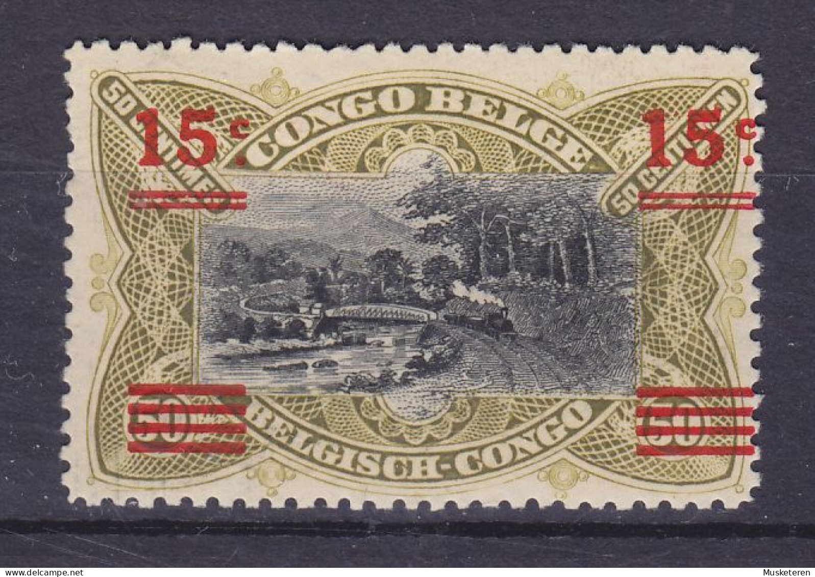 Belgian Congo 1921 Mi. 48, 15c./50c. Eisenbahnbrücke Overprinted Surchargé, ERROR Variety 'Backside Print', MH* - Ungebraucht