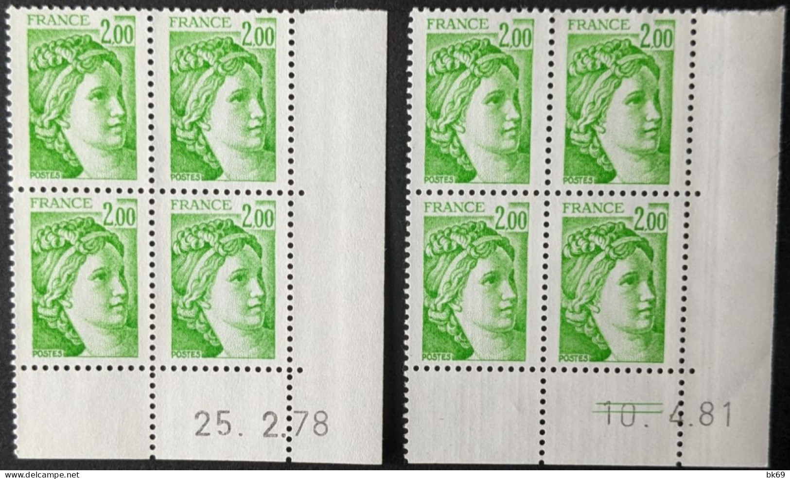 N°1977** Sabine 2.00F Vert-Jaune Coins Datés X2 - 1970-1979