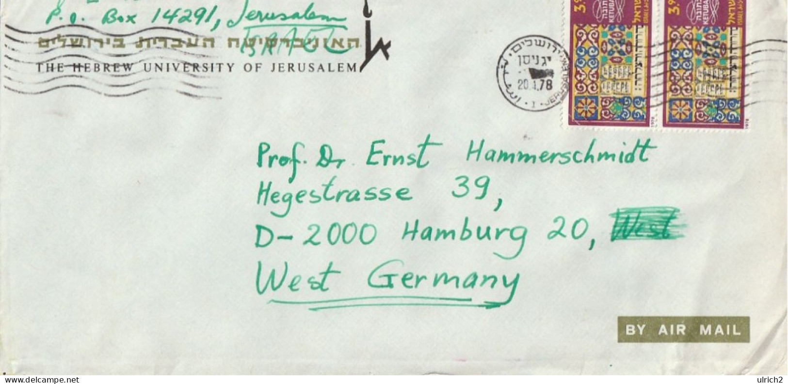 Israel - Airmail Letter - Hebrew University Of Jerusalem - To Germany - 1978 (67460) - Lettres & Documents