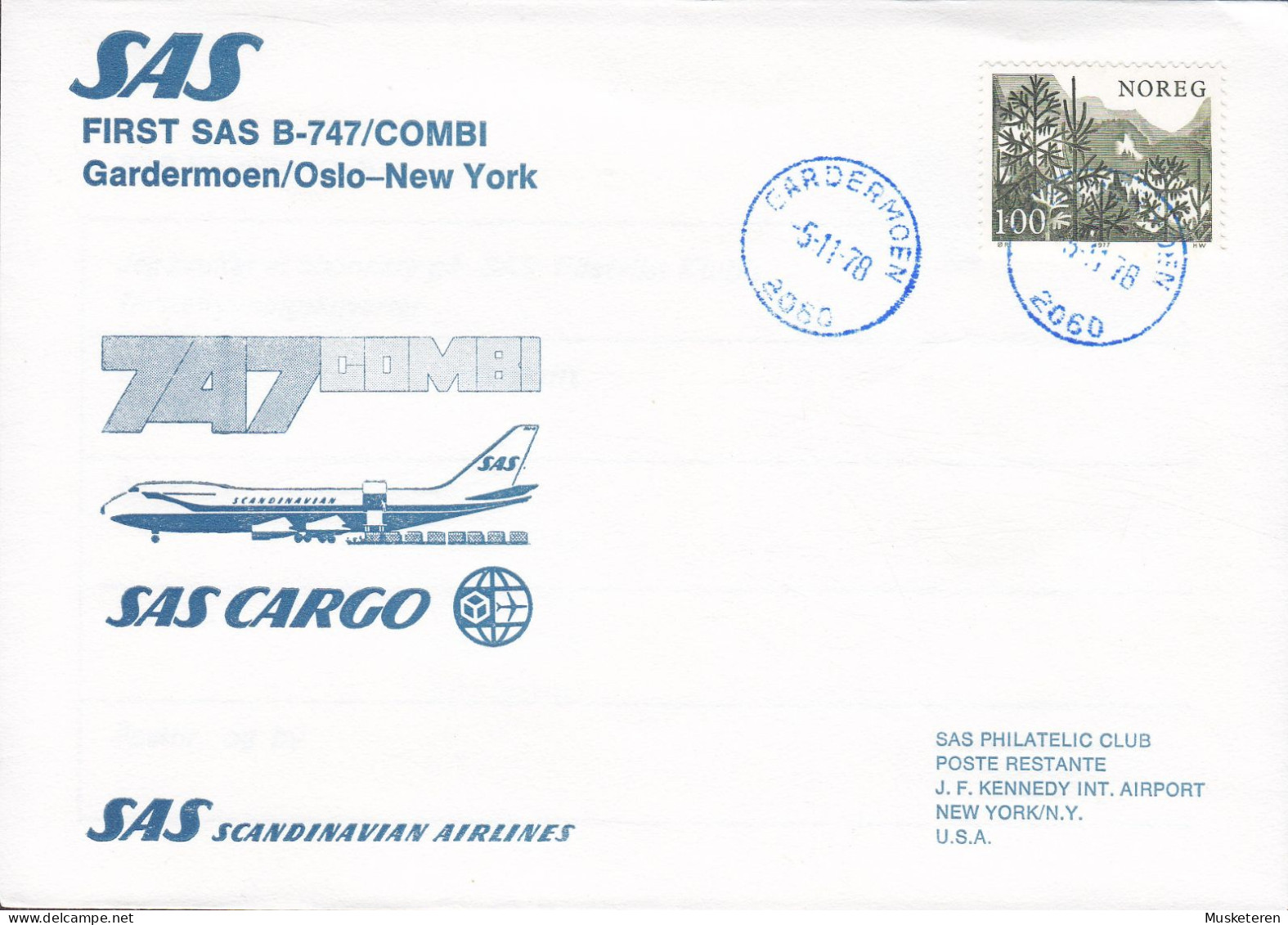 Norway First SAS Cargo B-747/Combi Flight GARDERMOEN/Oslo - NEW YORK 1978 (Purple Cancel) Cover Brief Lettre - Brieven En Documenten