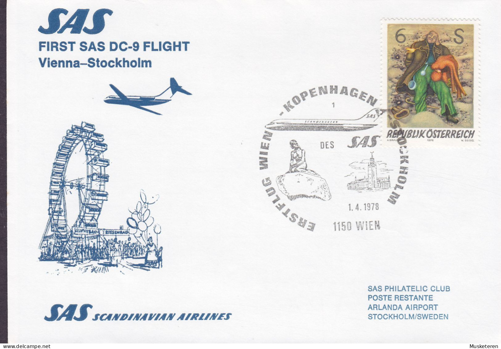 Austria First SAS DC-9 Flight VIENNA-COPENHAGEN-STOCKHOLM 1978 Cover Brief Lettre Meeresfrau The Little Mermaid - Erst- U. Sonderflugbriefe