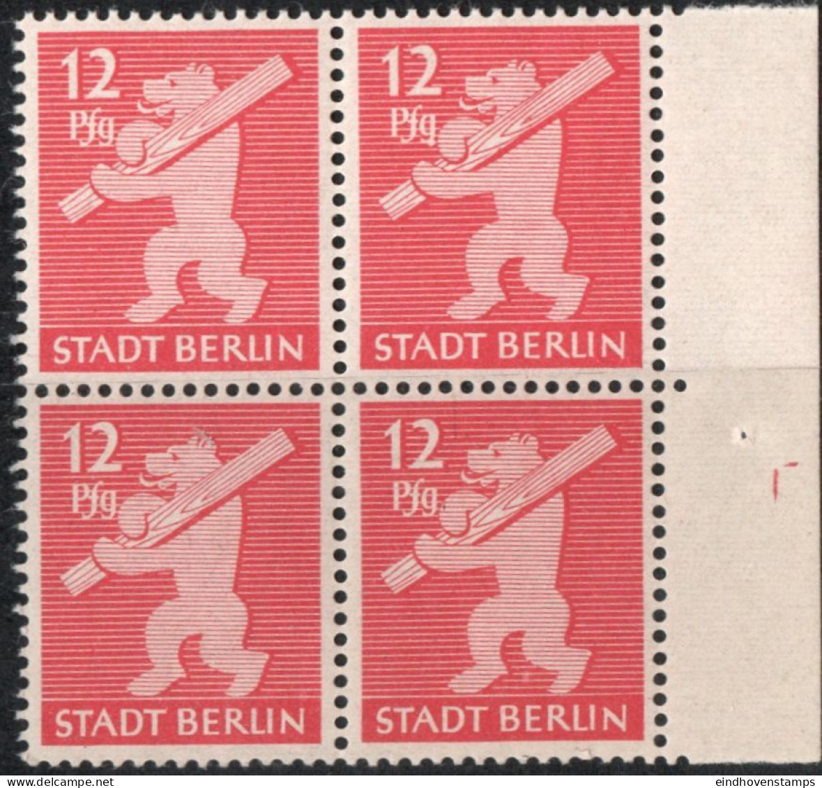 Germany 1945 Stadt Berlin 12 Pf Plateflaw Mi II In -block MNH Certified Ströw BPP Blot Right Og "pf"G" - Berlin & Brandebourg