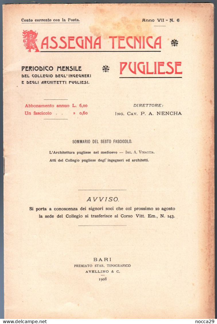 RIVISTA DEL 1908 - RASSEGNA TECNICA PUGLIESE - IL CASALE DI BALSIGNANO PRESSO MODUGNO (BARI) (STAMP332) - Textes Scientifiques