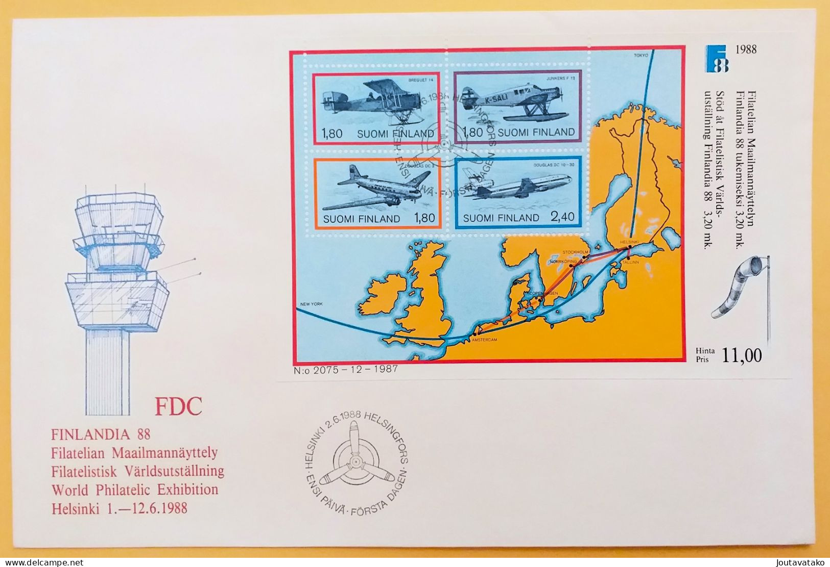 Finland FDC 1988 - Stamp Exhibition FINLANDIA '88 - Airplanes - MiNo Block 4 - FDC