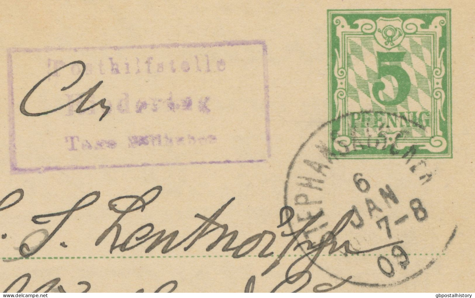 BAYERN ORTSSTEMPEL STEPHANSKIRCHEN K1 Und Violette RA3 Posthilfstelle-Stempel 1909 - Enteros Postales