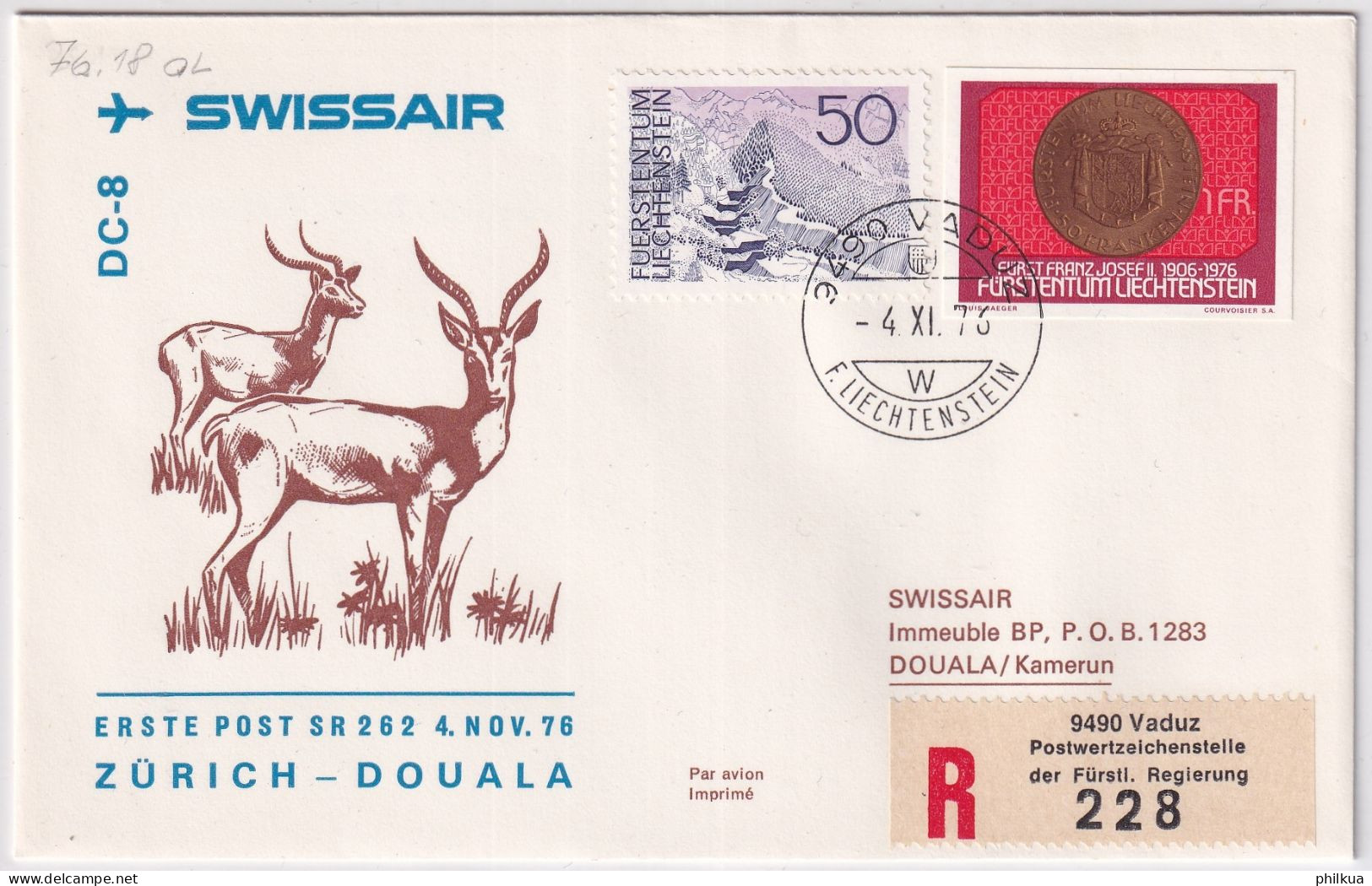 76.18. AL - SWISSAIR DC-8 Erster Postflug Zürich - Douala - Gelaufen Ab Liechtenstein - Air Post