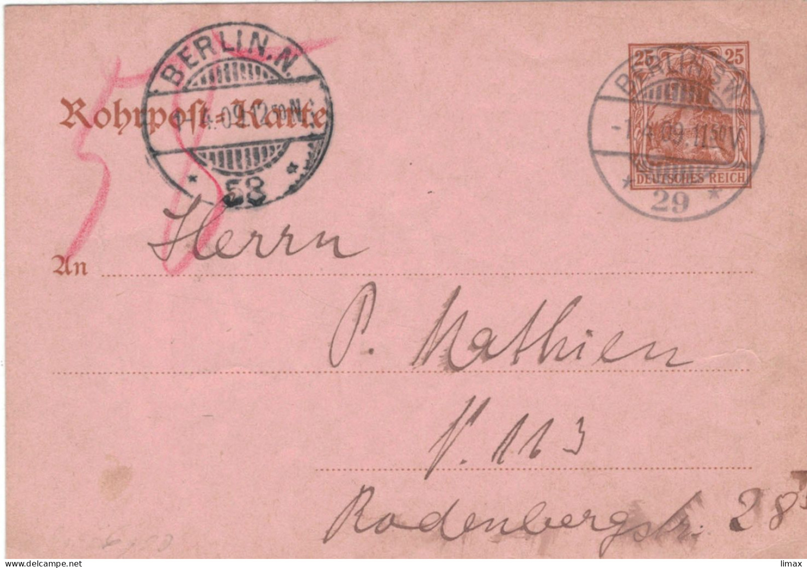 Ganzsache Rohrpost-Karte Berlin 29 > 58 - 1909 - Enveloppes