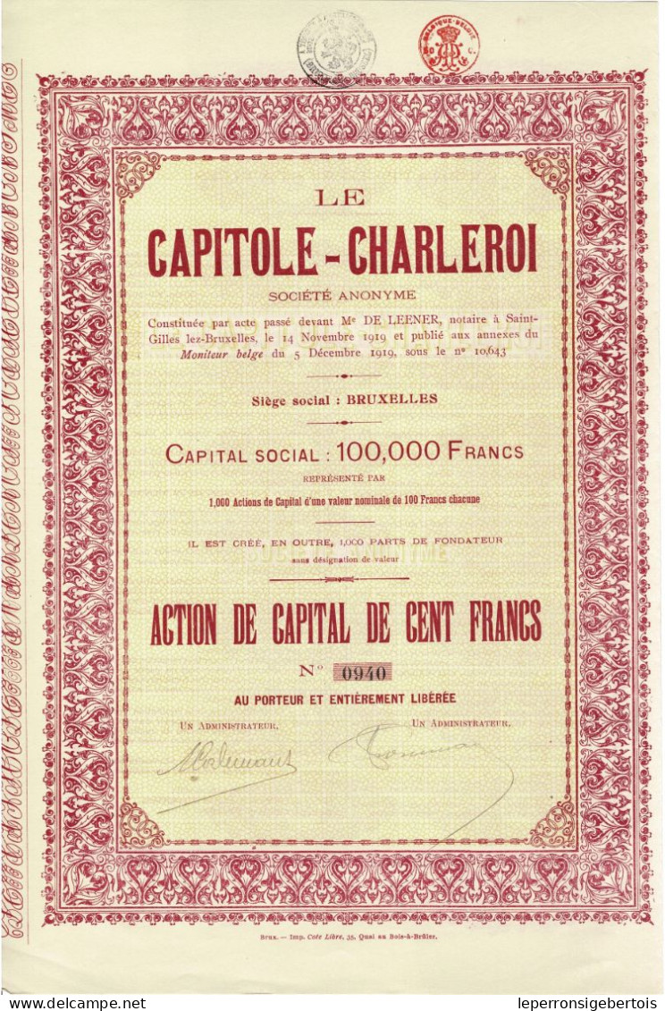 - Titre De 1919 - Le Capitole - Charleroi - Société Anonyme  - N° 0969 - Film En Theater