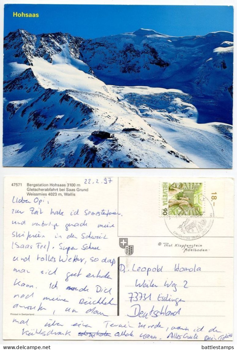 Switzerland 1997 Postcard Bergstation Hohsaas, Gletscherabfahrt Bei Saas Grund; 90c. Railroad Mail Car Stamp - Saas-Grund