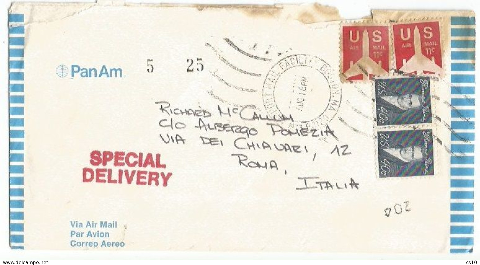 USA Express Sp.Delivery AirmailCV Boston 1aug1973 To Italy With C40x2 + Airpost C.11x2 - Briefe U. Dokumente