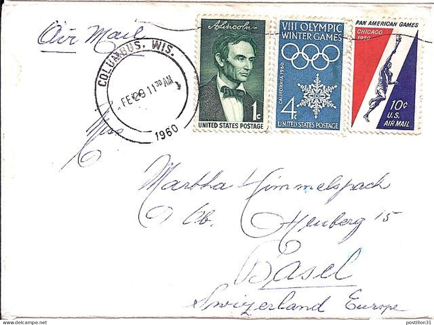 USA N° PA 54/657/680 S/L.DE COLUMBUS/29.2.60 POUR LA SUISSE (date Rare) - Covers & Documents