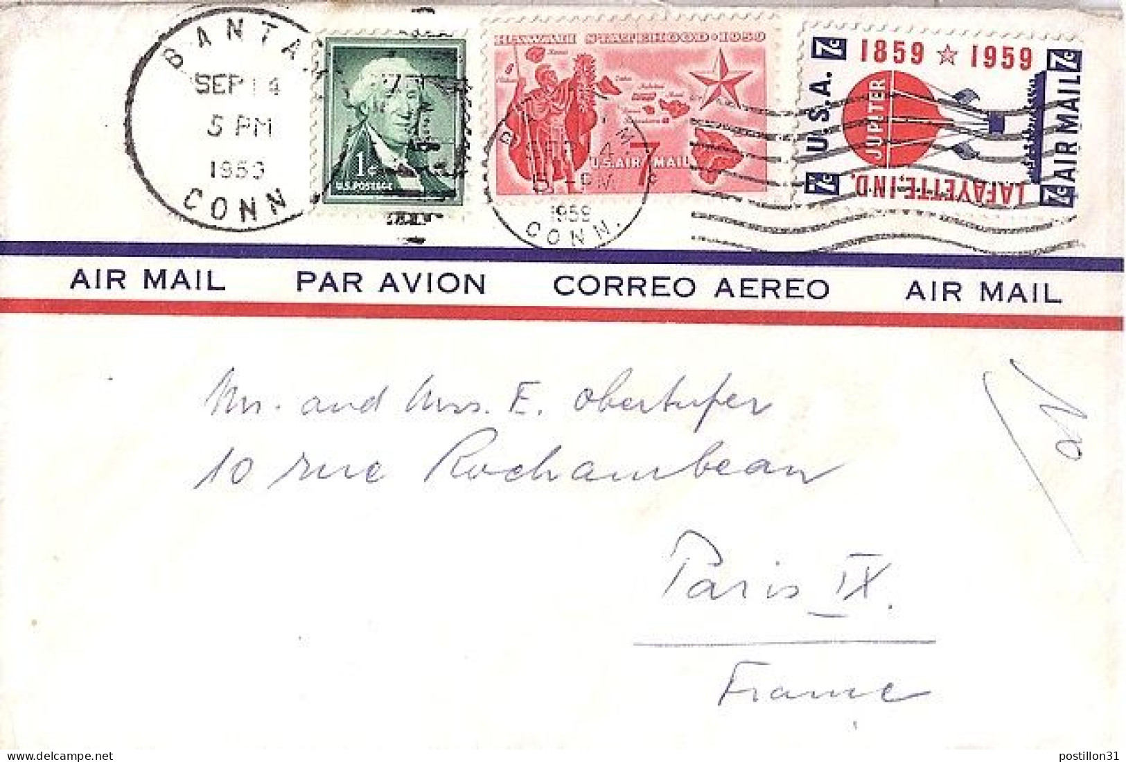 USA N° PA53/PA55/587 S/L.DE BANTOM/4.9.59 POUR LA FRANCE - Storia Postale