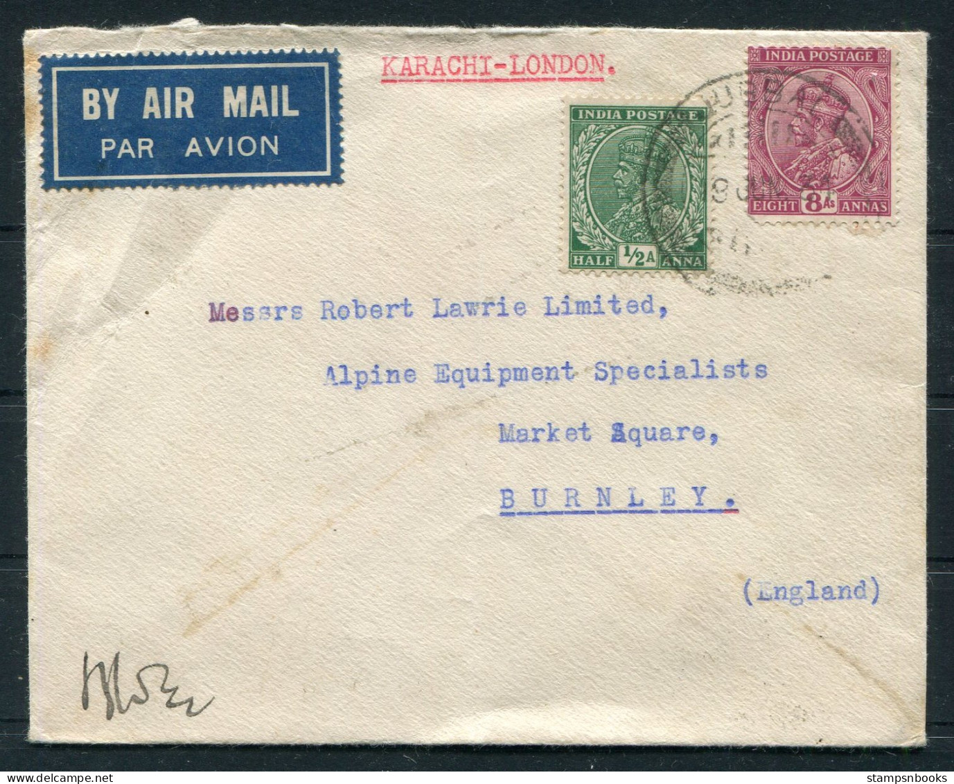 India Jubbal Karachi Airmail Cover - Robert Lawrie Ltd. Alpine Equipment, Burnley  - 1911-35  George V