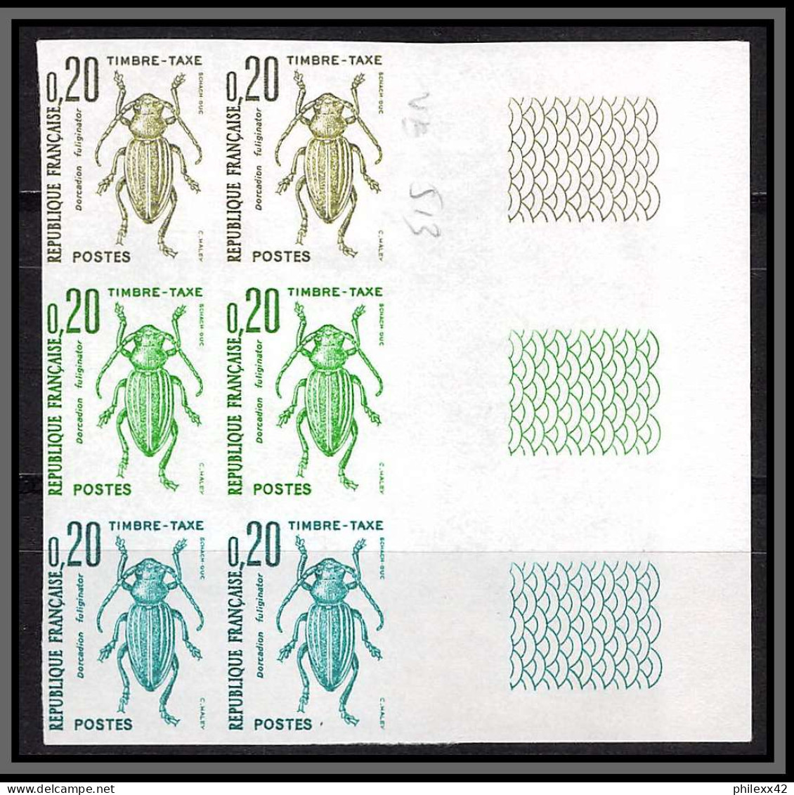 France Taxe N°103/108 insectes coleopteres beetle insects Essai trial proof Non dentelé ** imperf Bloc 6 coin de feuille