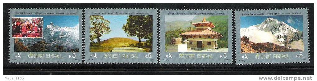 NEPAL 2002,  Tourism, Visit Nepal, 4 Stamps, Complete Set, Mountain, Mountains,      Trees, Lake, Temple, MNH(**). - Boeddhisme