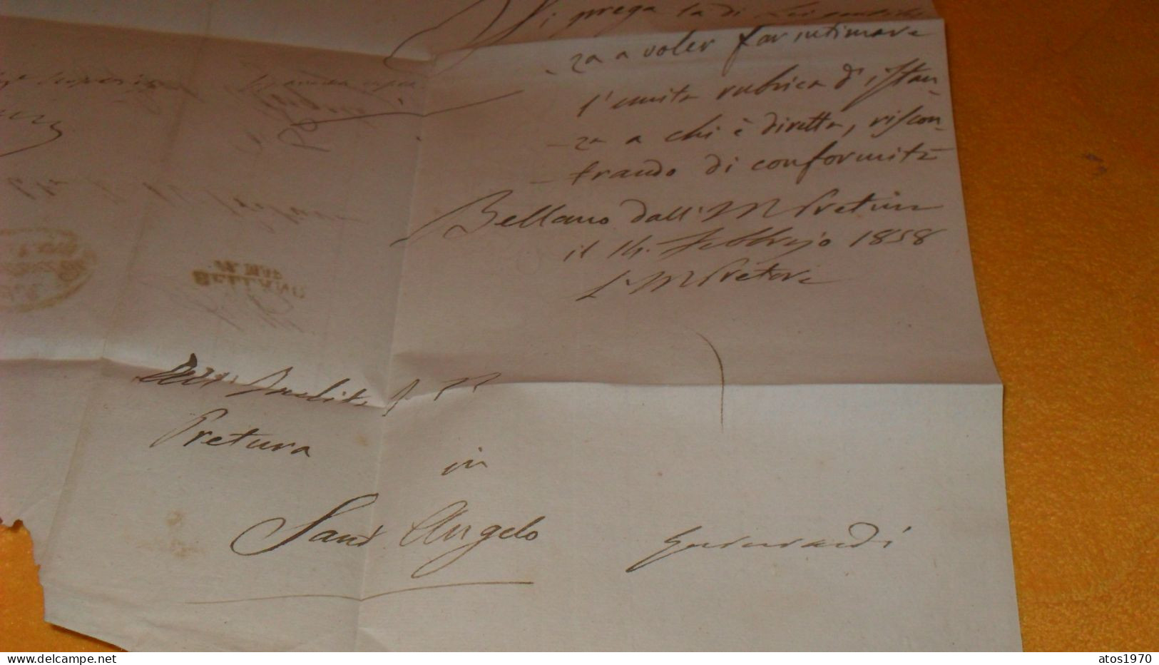 LETTRE ANCIENNE DE 1858../ CACHET PRETURA DI BELLANO MARQUE POSTE BELLANO 11 MAR POUR SANT ANGELO + SIGNATURE - Ohne Zuordnung