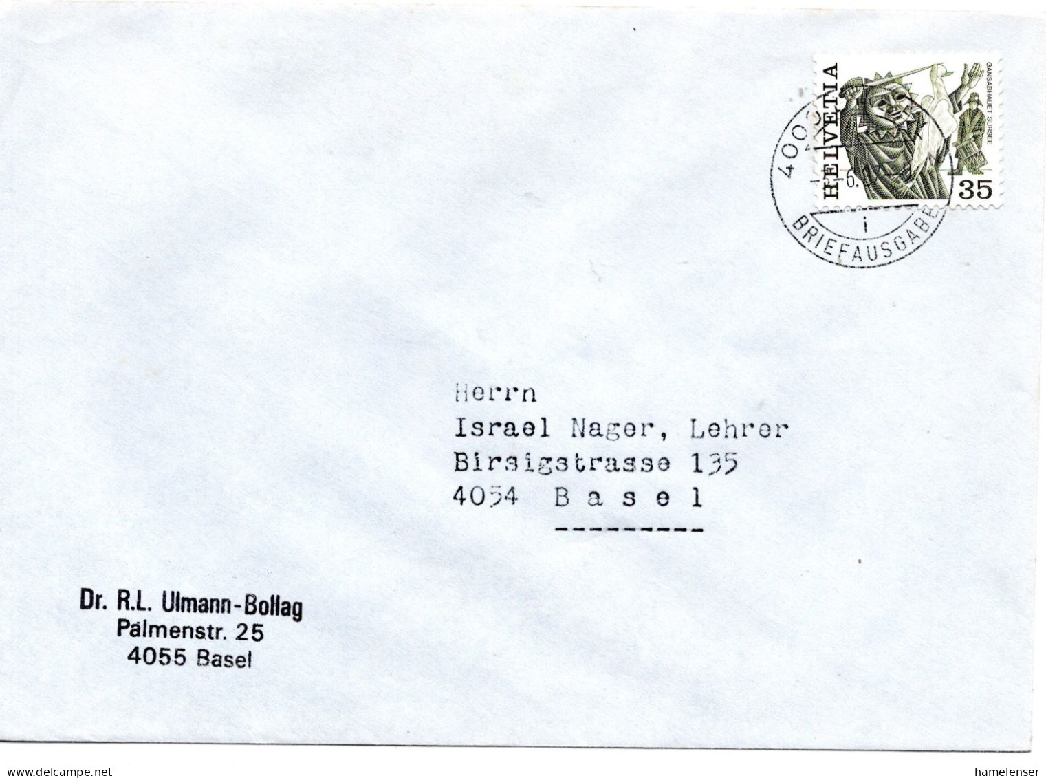 74862 - Schweiz - 1987 - 35Rp Fastnacht EF A OrtsDrucksBf BASEL - Lettres & Documents