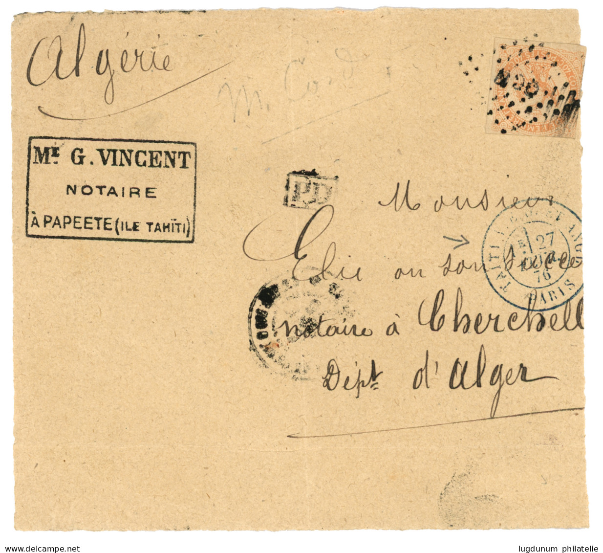TAHITI : 1876 40c AIGLE Obl. OCN Sur Grand Fragment (devant De Lettre) Pour L' ALGERIE. RARE. TB. - Sonstige & Ohne Zuordnung