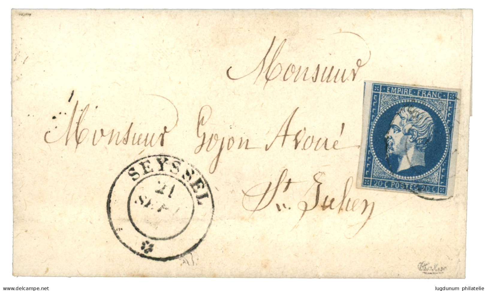 SAVOIE : 1860 FRANCE 20c (n°14) TB Margé Obl. Cachet Sarde SEYSSEL Sur Lettre Pour ST JULIEN. TTB. - 1849-1876: Classic Period