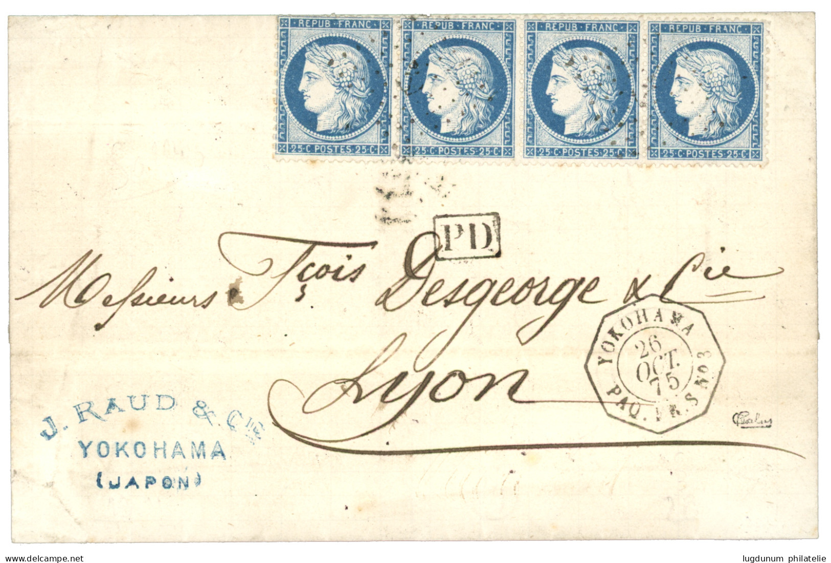 1875 Bande De 4 Du 25c CERES (n°60) Obl. ANCRE + YOKOHAMA PAQ. FR. S N°3 Sur Lettre De YOKOHAMA Pour La FRANCE. RARE. Su - 1849-1876: Klassieke Periode